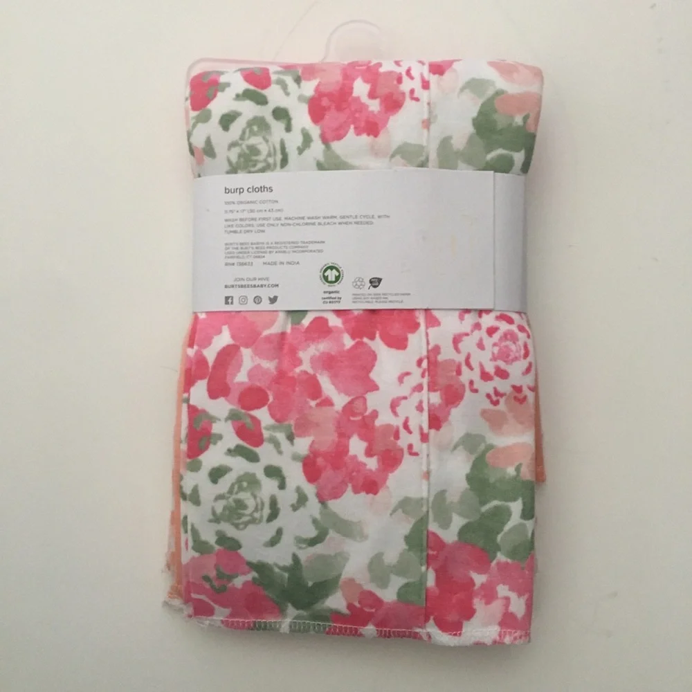 NEW 5 Burp Cloths 100% Organic Cotton Floral Pink White | Burt’s Bees